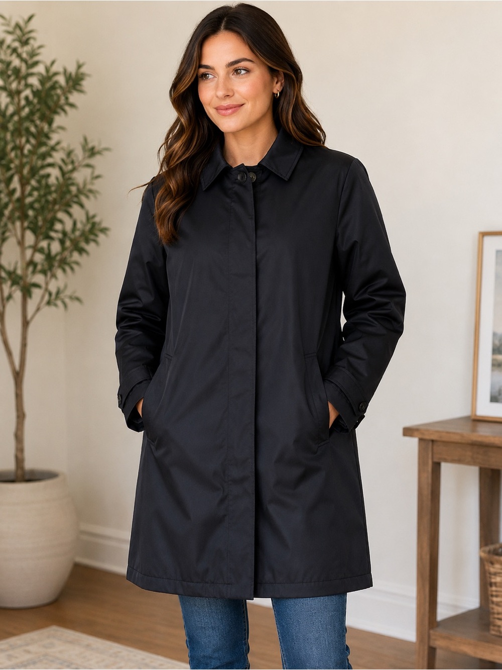 Esprit Women’s Black Long Rain Coat Trench Jacket Hidden Button Size Large
